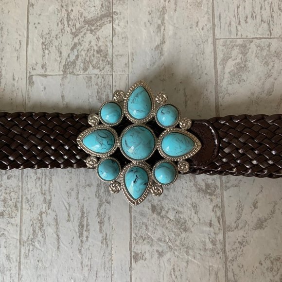 Brown Woven Belt with Turquoise Stone Accent - Picture 3 of 9